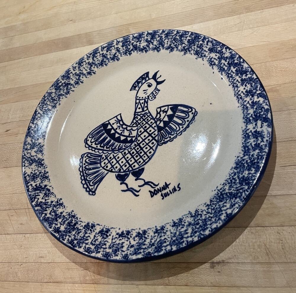 Vtg Rooster Blue Sponge Dinner Plate MARSHALL POTTERY Texas Signed 10.25" Rare